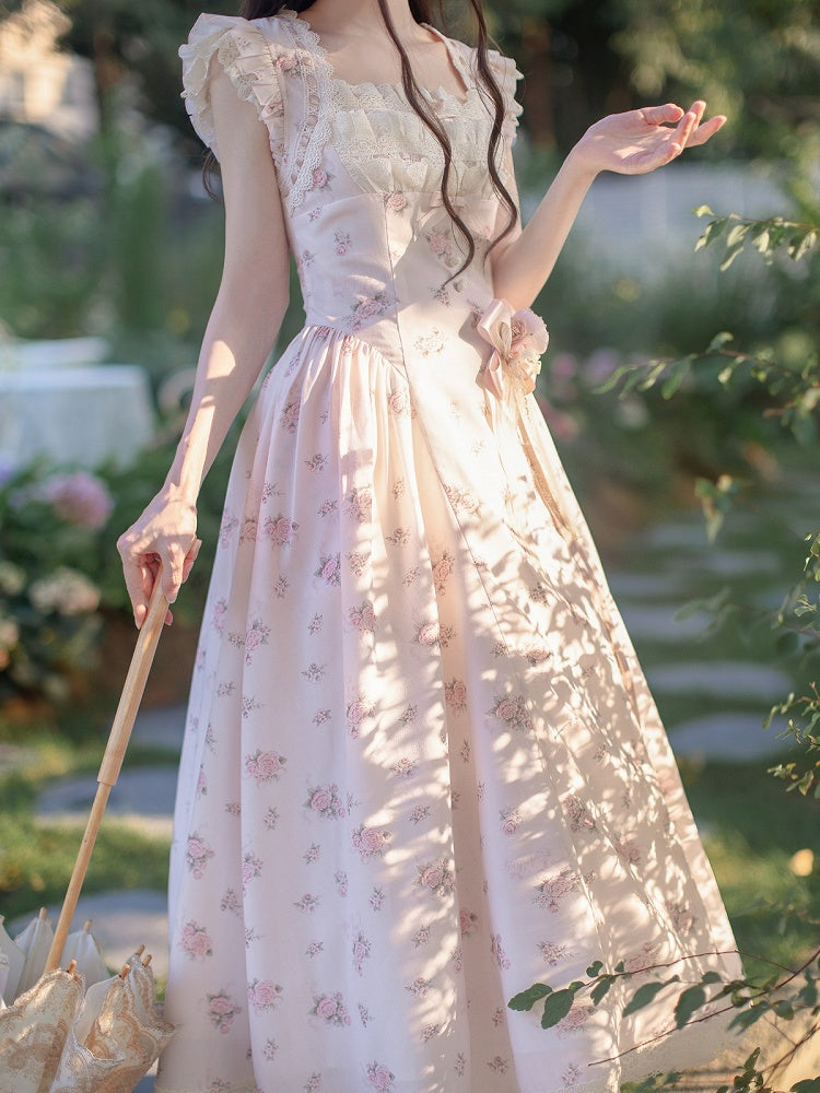 Graceful Pink Floral Lace JSK Dress with Brooch Set | CoyBunny