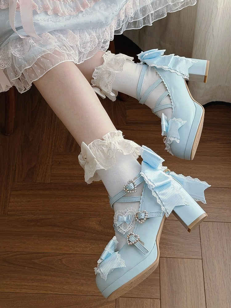 Sweet Lolita Blue Heart Crystal Platform Shoes with Bow - Sheep Puff | CoyBunny