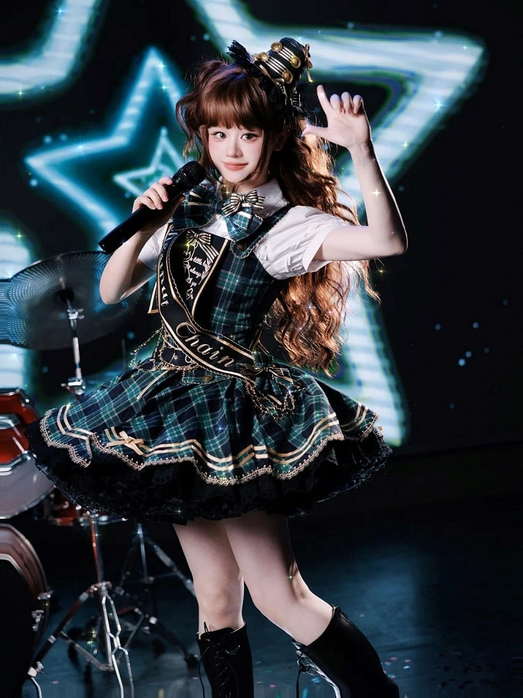 Green Idol Lolita Plaid JSK Dress with Golden Bear Embroidery and Black Scalloped Hem - LiLi Chain | CoyBunny