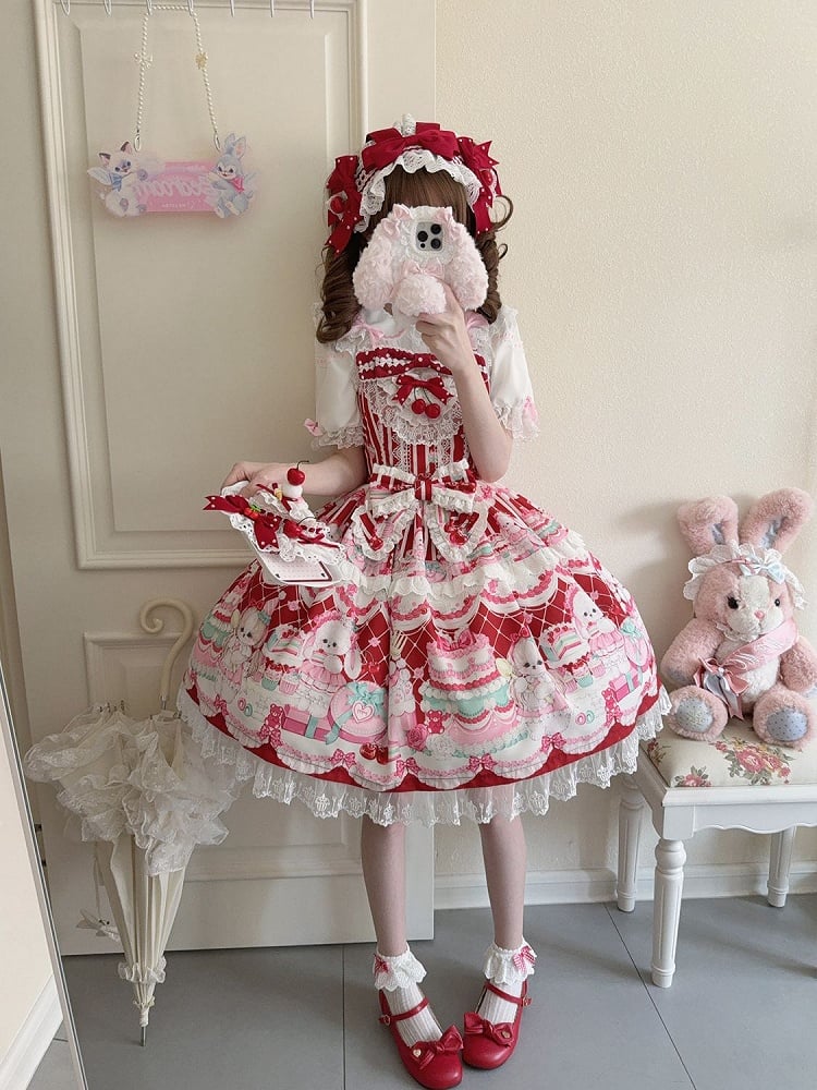 Crimson Bunny Cherry Print Sweet Lolita Jumper Dress - Miss Han | CoyBunny