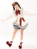 White Long-Sleeve Knitted Top Apron Blue Plaid Print Bloomer Shorts Sweet Lolita Full Set | CoyBunny