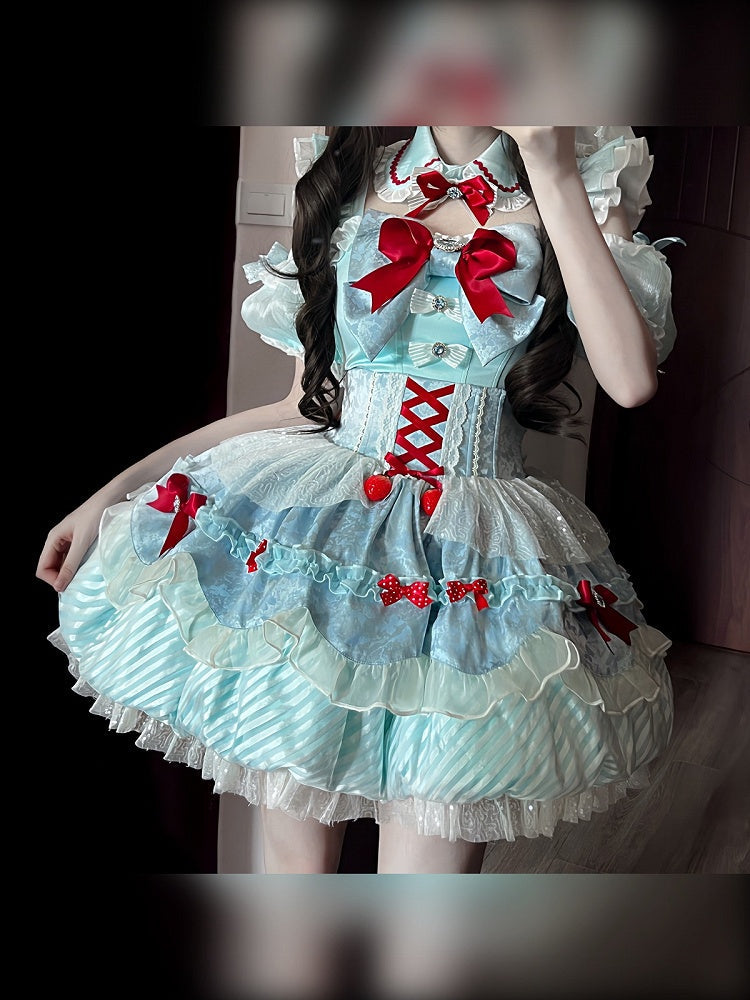 Mint Blue Idol Lolita Top with Flutter Sleeves & High Waist Bubble Skirt Set - Xiao Xin | CoyBunny