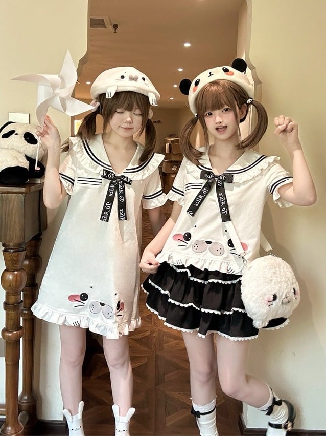 Cute Seal White Sailor Collar Short Sleeve T-Shirt with Bow and Ruffle - To Alice | CoyBunny