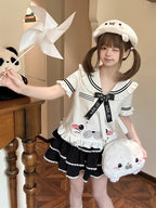 Cute Seal White Sailor Collar Short Sleeve T-Shirt with Bow and Ruffle - To Alice | CoyBunny