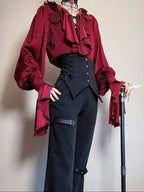 Crimson Poet Shirt with Floral Pins and Chain Accents - Shi Zhi Mao | CoyBunny