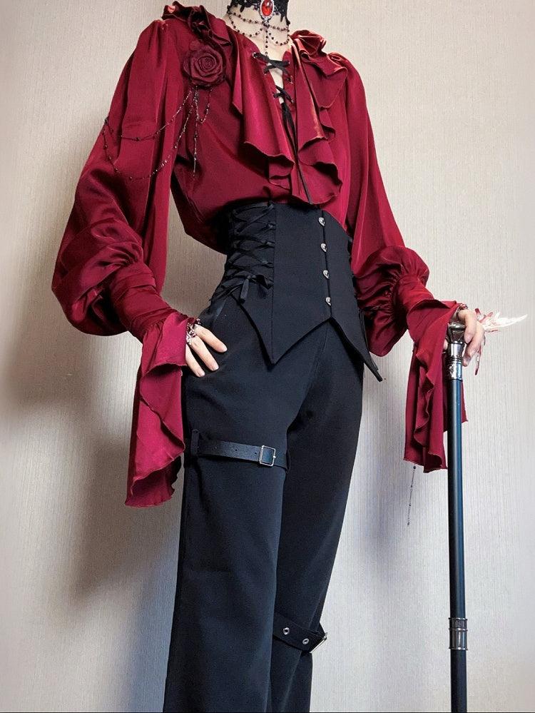 Crimson Poet Shirt with Floral Pins and Chain Accents - Shi Zhi Mao | CoyBunny