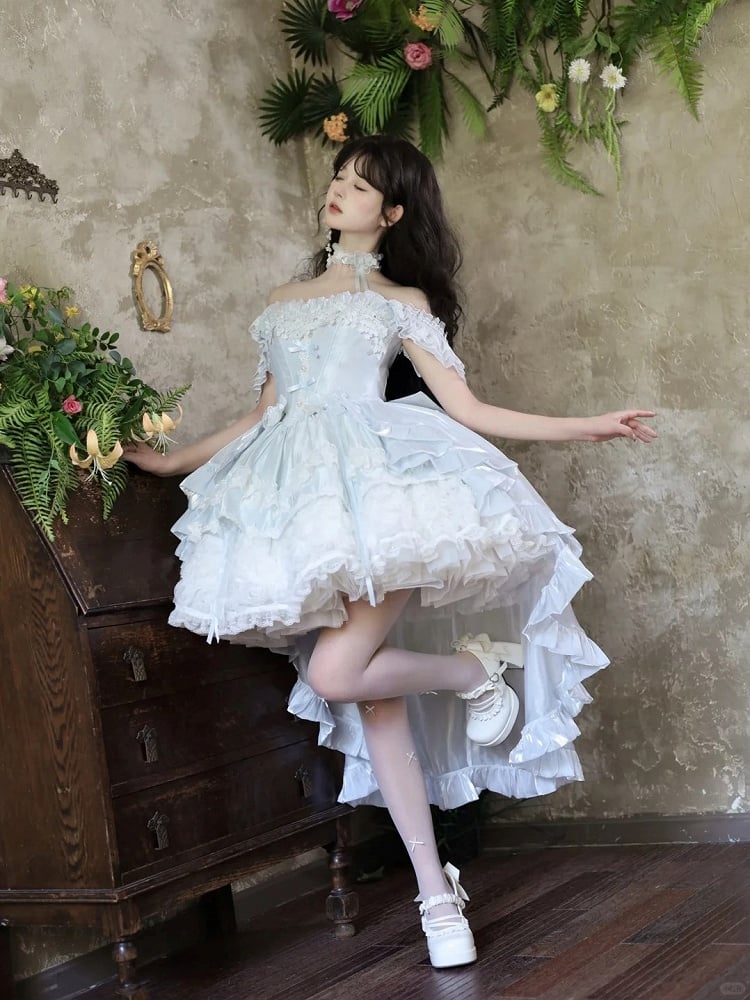 Hime Basque Flower Lace Layered Fluffy Lolita Dress Blooming with Blue Accents Waist | Sheer Ocean | CoyBunny