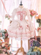 White and Pink Bowknot Details Tiered Skirt Sweet Lolita Dress Jumper Skirt | CoyBunny