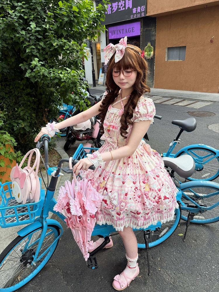 Cat Print Cream Sweet Lolita OP Dress with Removable Crisscross Halter Straps - Pastry Chef | CoyBunny