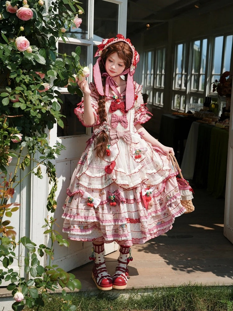 Pink Red Short Sleeve Ruffles Cottagecore Lolita OP Dress - DrunkCoco | CoyBunny