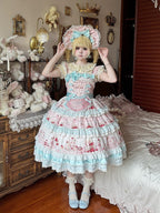 Blue Cherry Cake Print Sweet Lolita Dress with Bow Details - Strawberry Fantasy | CoyBunny