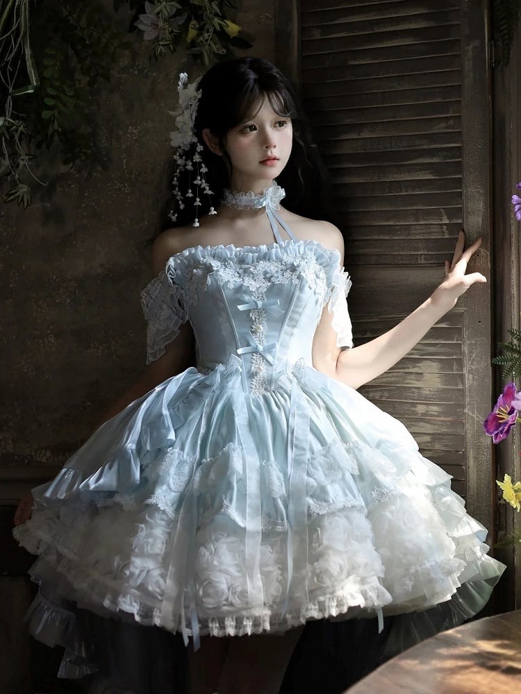 Hime Basque Flower Lace Layered Fluffy Lolita Dress Blooming with Blue Accents Waist | Sheer Ocean | CoyBunny