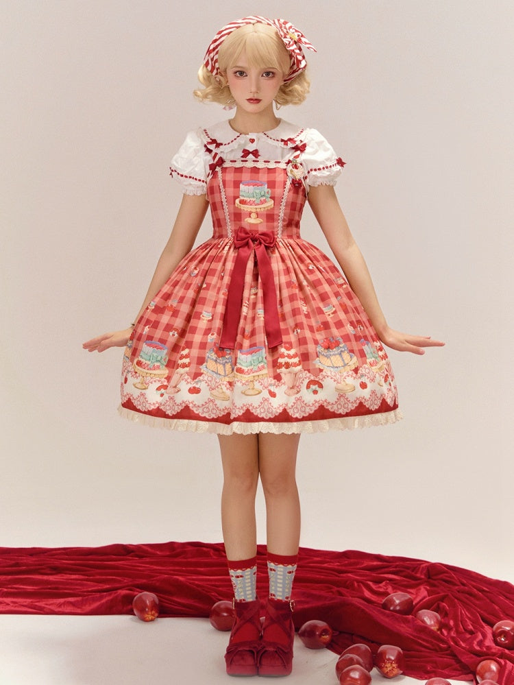 Red Gingham Print Cherry and Dessert Sweet Lolita Jumper Skirt | CoyBunny