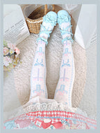 Black and Pink and Blue Sweet Lolita Cross and Bowknot Print Overknee Stockings | CoyBunny
