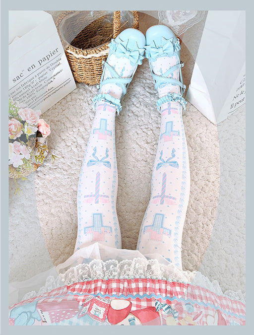 Black and Pink and Blue Sweet Lolita Cross and Bowknot Print Overknee Stockings | CoyBunny