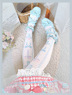 Black and Pink and Blue Sweet Lolita Cross and Bowknot Print Overknee Stockings | CoyBunny