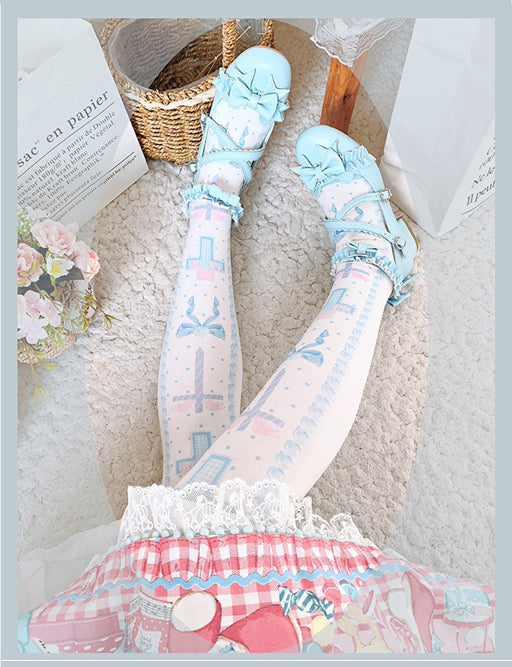 Black and Pink and Blue Sweet Lolita Cross and Bowknot Print Overknee Stockings | CoyBunny