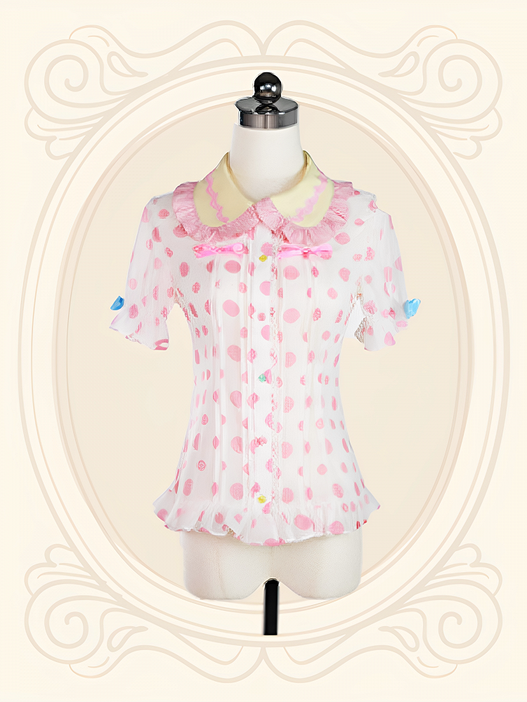 Polka Dot Sweet Lolita Short Puff Sleeve Blouse - Dollet | CoyBunny