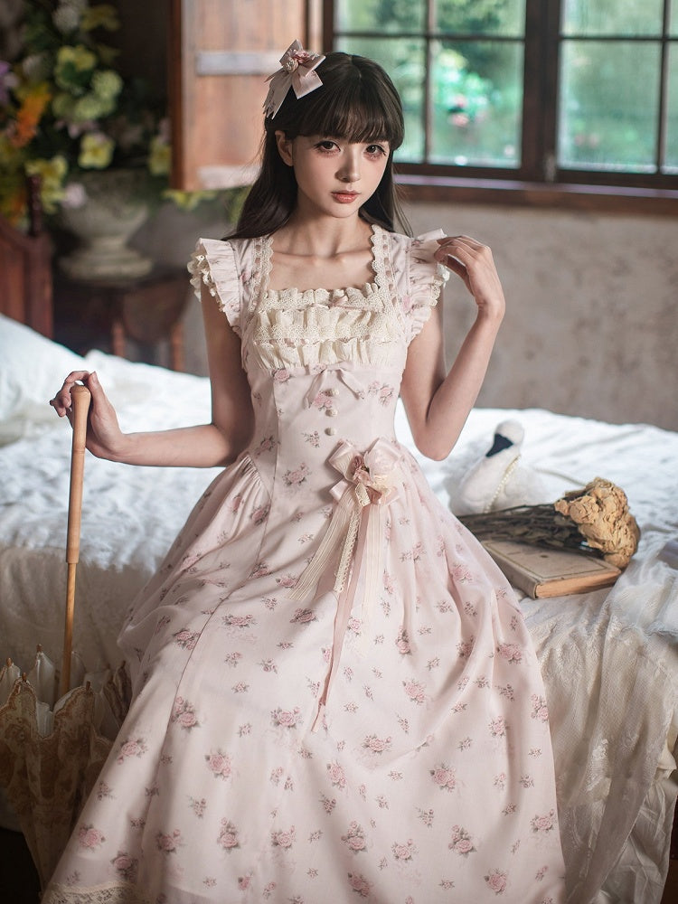 Graceful Pink Floral Lace JSK Dress with Brooch Set | CoyBunny