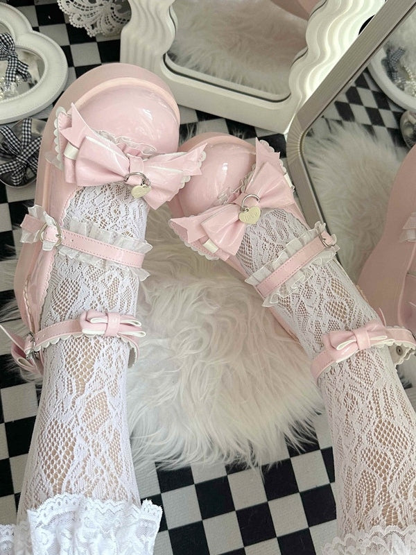 Sweet Pink Platform Mary Janes Bow Embellished Scalloped Heels - Pu Yue Meng | CoyBunny