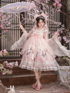 Peach Blossom Print Pink Empire Waist Chinoiserie Lolita Dress with Beaded Sheer Overlay - Dream Magic Box | CoyBunny