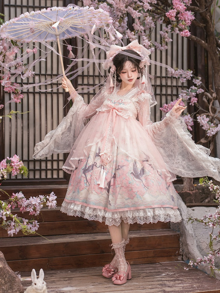 Peach Blossom Print Pink Empire Waist Chinoiserie Lolita Dress with Beaded Sheer Overlay - Dream Magic Box | CoyBunny