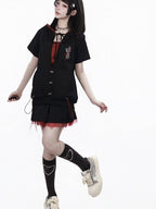 Sporty Kawaii Black & Red Mini Skirt with Lace-Up Details - PINK SAVIOR | CoyBunny