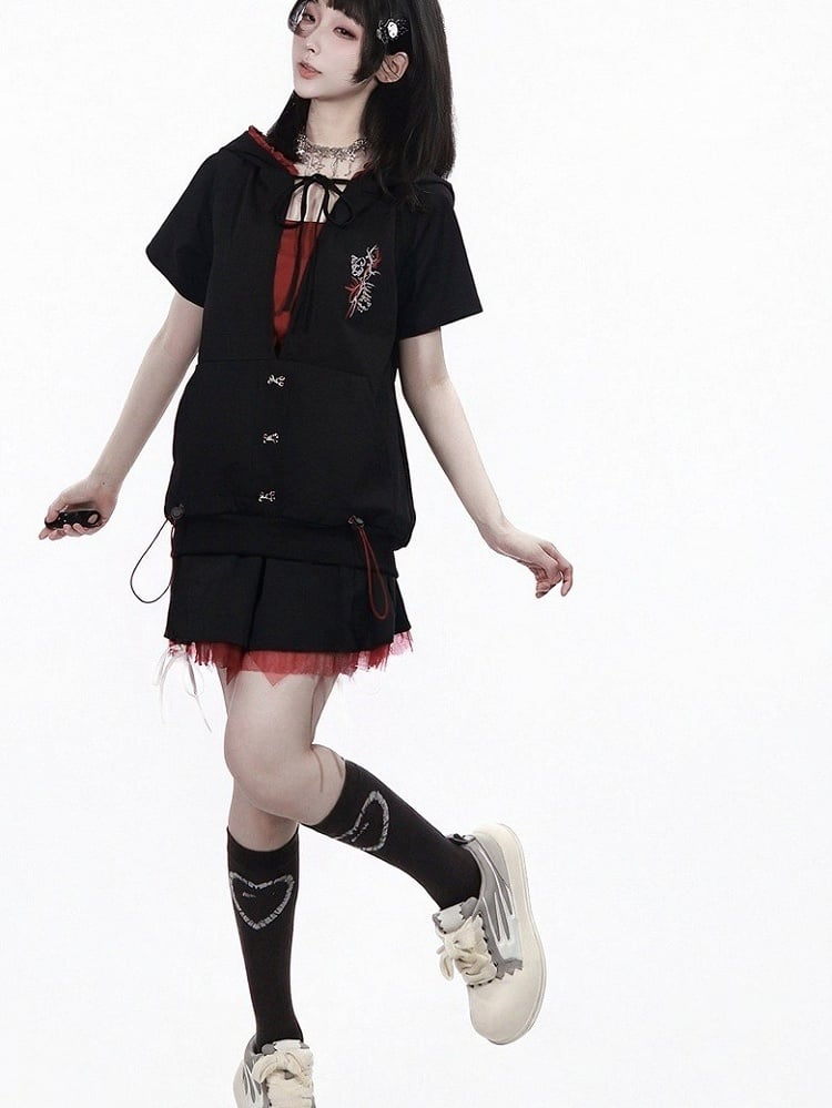 Sporty Kawaii Black & Red Mini Skirt with Lace-Up Details - PINK SAVIOR | CoyBunny