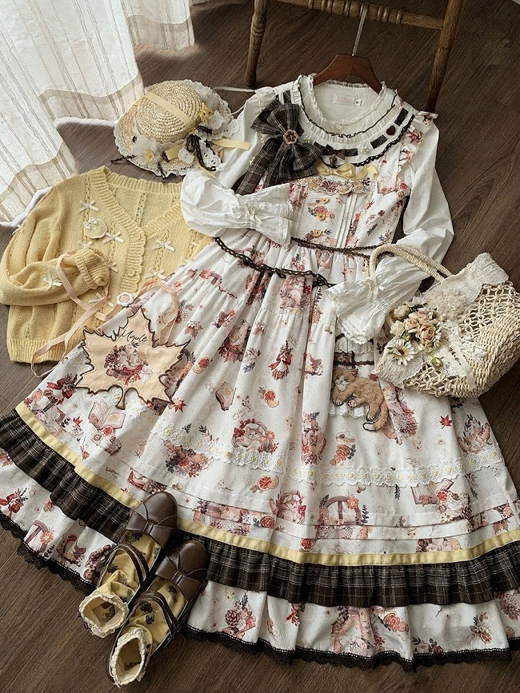 Cat and Maple Floral Print Jumper Skirt with Ruffle Trim - Lineall Cat | CoyBunny