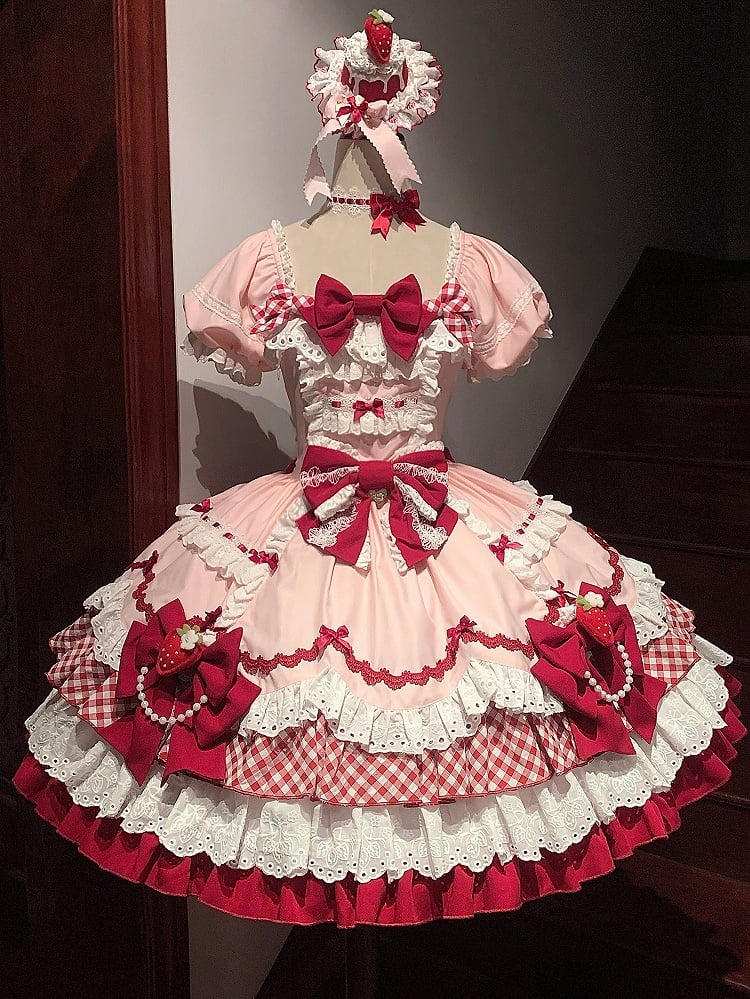Sweet Lolita Strawberry Bowknot Tiered Dress in Pink and Red - Sakurahime | CoyBunny