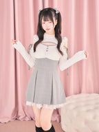 White Cut-Out Shoulder Knit Plaid Dress with Lace Trim - No Genki | CoyBunny