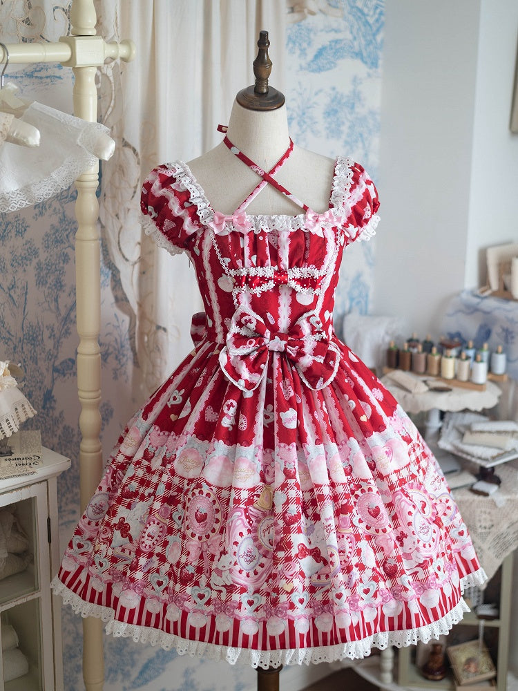 Cat Print Crimson Sweet Lolita OP Dress with Removable Crisscross Halter Straps - Pastry Chef | CoyBunny