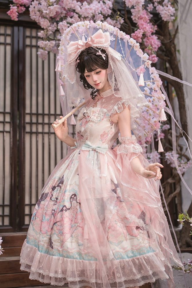 Pink Lace Qipao Collar Chinoiserie Lolita OP Dress with Swallow and Peach Blossom Print - Dream Magic Box | CoyBunny