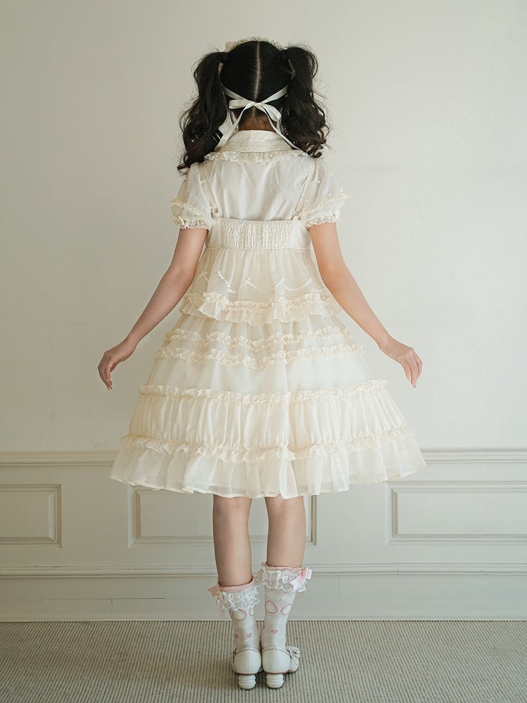 Beige Bow Accents Ruffle Trimming Sweet Lolita Layered-Look Dress | CoyBunny