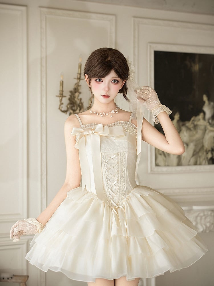 Boned Corset Waist Spaghetti Straps Dress Lolita JSK with Tiered Skirt - With PUJI | CoyBunny