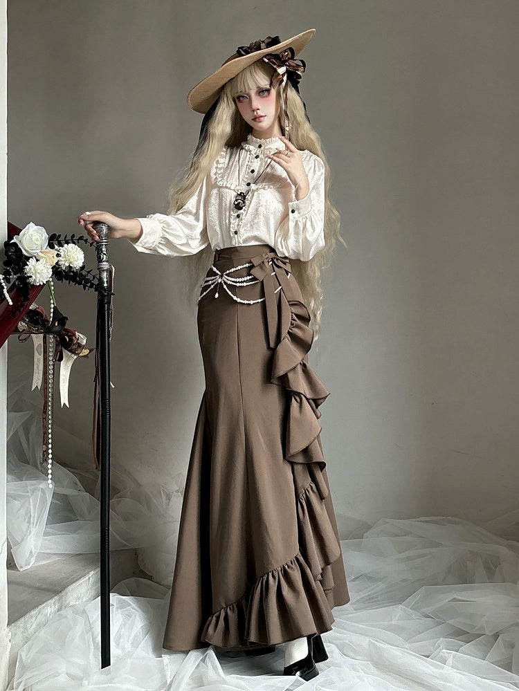 Brown Elegant Mermaid Skirt with Cascading Ruffles - MUYU | CoyBunny