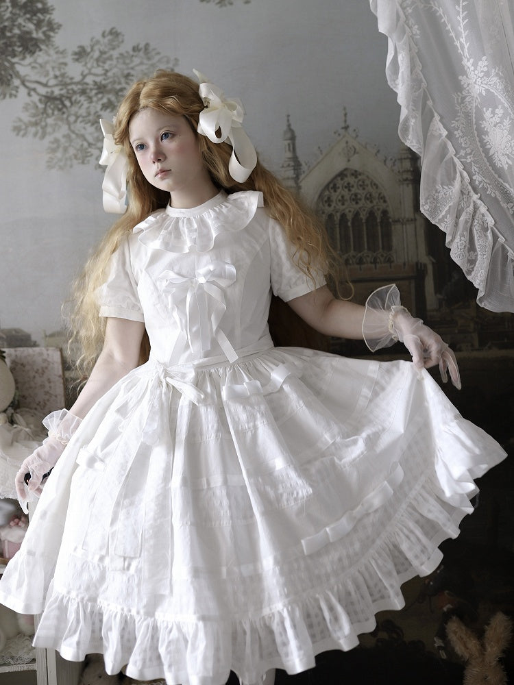 Ivory Checkered Puff Sleeve Lolita One-Piece Dress | CoyBunny