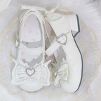 Sweet Lolita Milk White Bow Heart Buckle Strap Block Heel Mary Janes - XIN MENG | CoyBunny