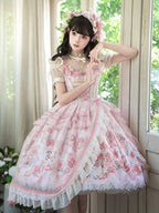 Pink Deer & Floral Print Flutter Sleeves Sweet Lolita JSK Dress with Overlay - Honey Machine | CoyBunny