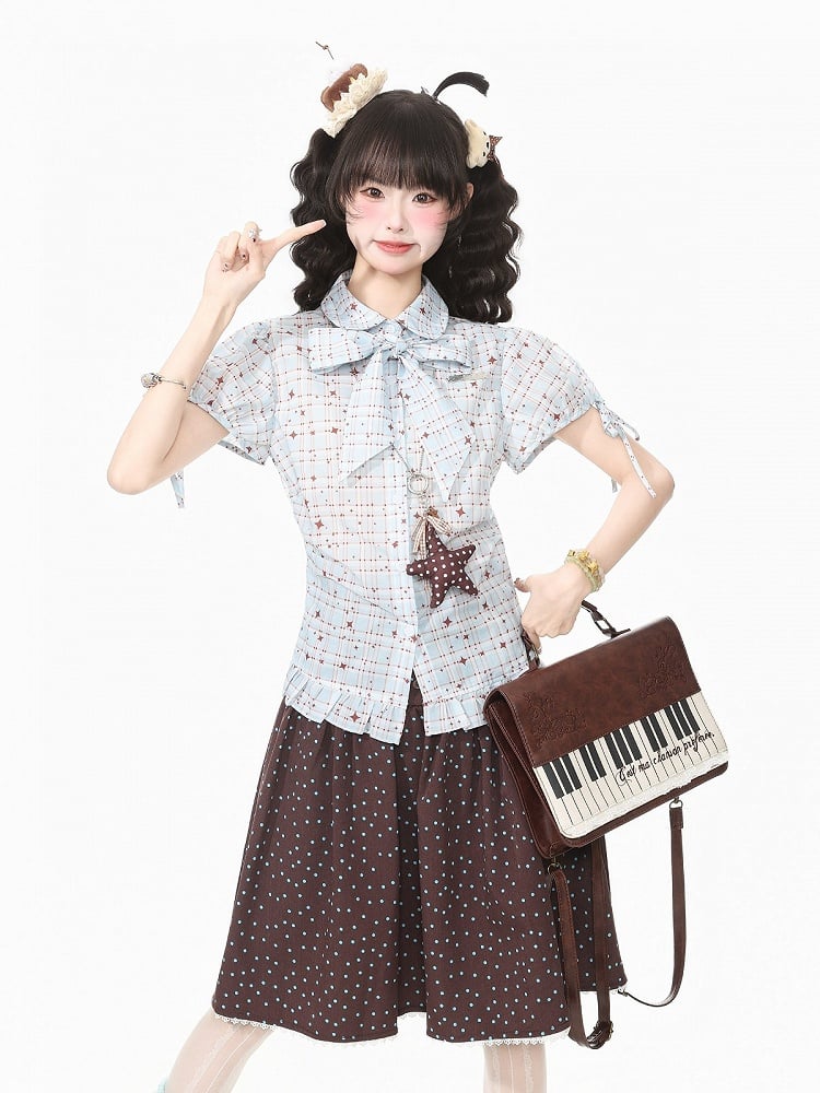 Blue Kawaii Star Plaid Short Sleeve Shirt with Bow - Languid Park | CoyBunny