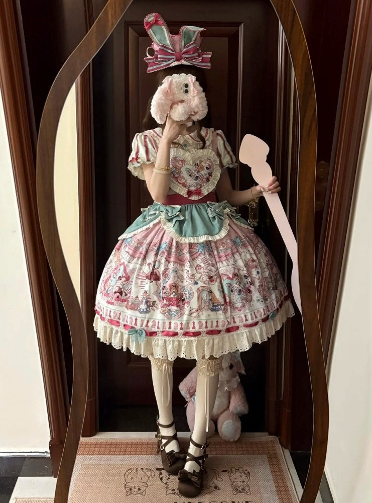 Pink & Green Alice Cat Vibes Heart-shaped Patch Sweet Lolita Dress with Apron Belt - Mewroco | CoyBunny