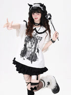 Anime Girl Print White Peter Pan Collar Short Sleeve T-Shirt with Ruffle Hem - CRAZY GIRL | CoyBunny