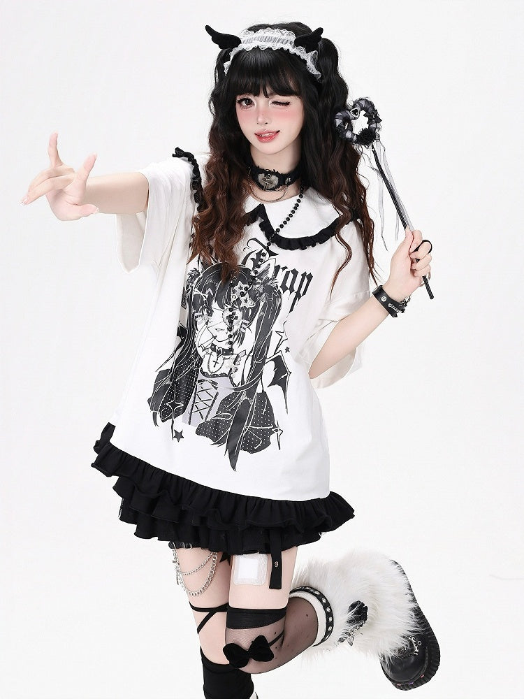Anime Girl Print White Peter Pan Collar Short Sleeve T-Shirt with Ruffle Hem - CRAZY GIRL | CoyBunny
