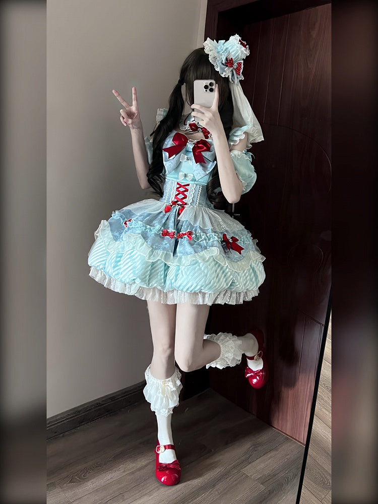 Mint Blue Idol Lolita Top with Flutter Sleeves & High Waist Bubble Skirt Set - Xiao Xin | CoyBunny