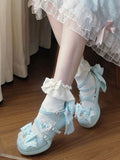 Sweet Lolita Blue Heart Crystal Platform Shoes with Bow - Sheep Puff | CoyBunny