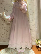 Lace Trim Long Sleeve OP Dress with Ruffles, Pink Lolita Style - Hua Xia Miao | CoyBunny