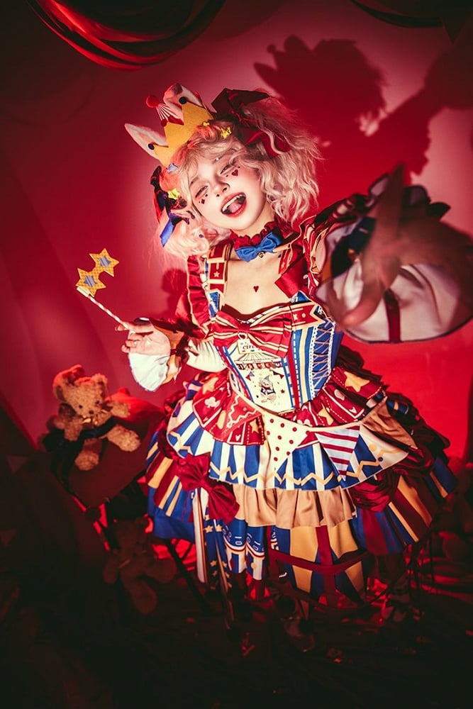 Red and blue bunny circus Sweet Lolita JSK dress ¨C bunny motif detail