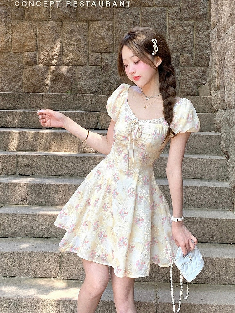 Yellow & Pink Floral Print Summer Holiday Dress - Qchiwawameme | CoyBunny