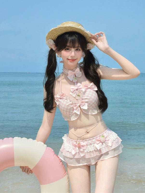 Sweet Strawberry Themed Light Pink Gingham Two-Piece Swimsuit Set Halter Top and Skirted Swim Brief - To Alice | CoyBunny