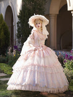 Hanayome Pink Corset Waist Hime Lolita Floor Length Dress Long Version with Floral Embroidery Layered Hem | Lukemi | CoyBunny